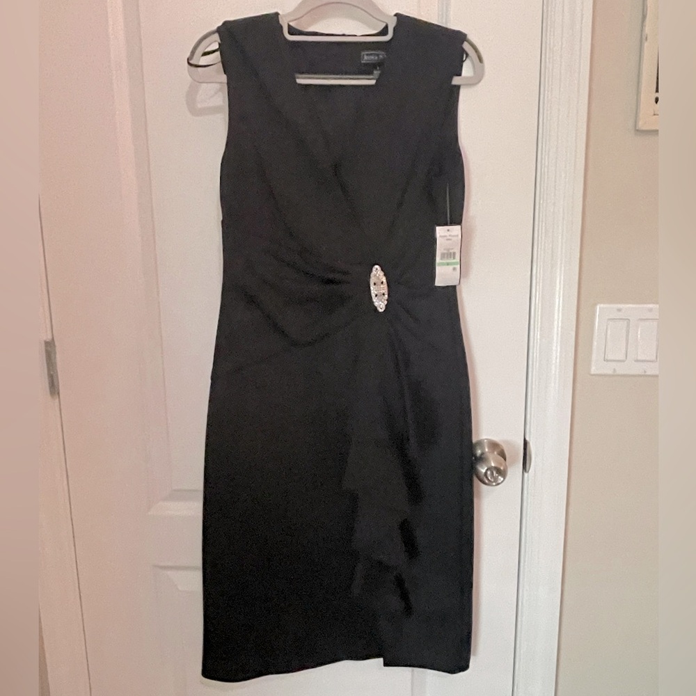 Black Sleeveless cocktail dress with rhinestone broach